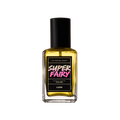 Super Fairy A square glass perfume bottle is filled with yellow translucent liquid perfume. The bottle has a black lid and label which reads "Super Fairy"